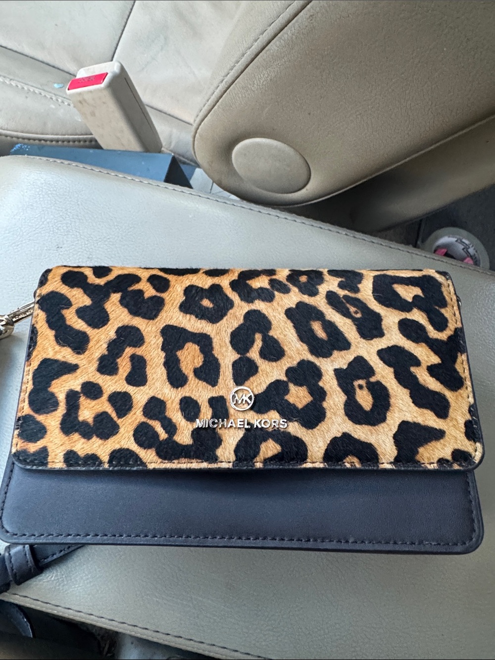 Michael Kors Leopard Print Wallet Crossbody - Black & Tan